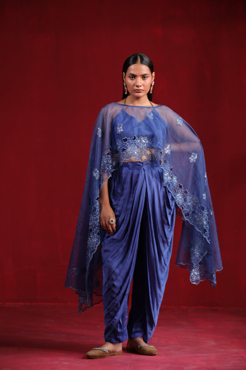 Bedayna Blue organza cape with coset & dhoti pants