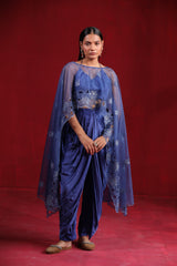 Bedayna Blue organza cape with coset & dhoti pants