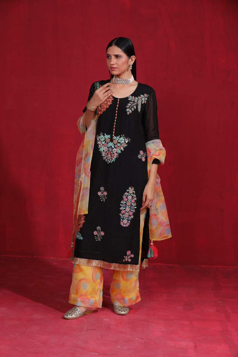 Black multi colour hand embroidered organza kurta set